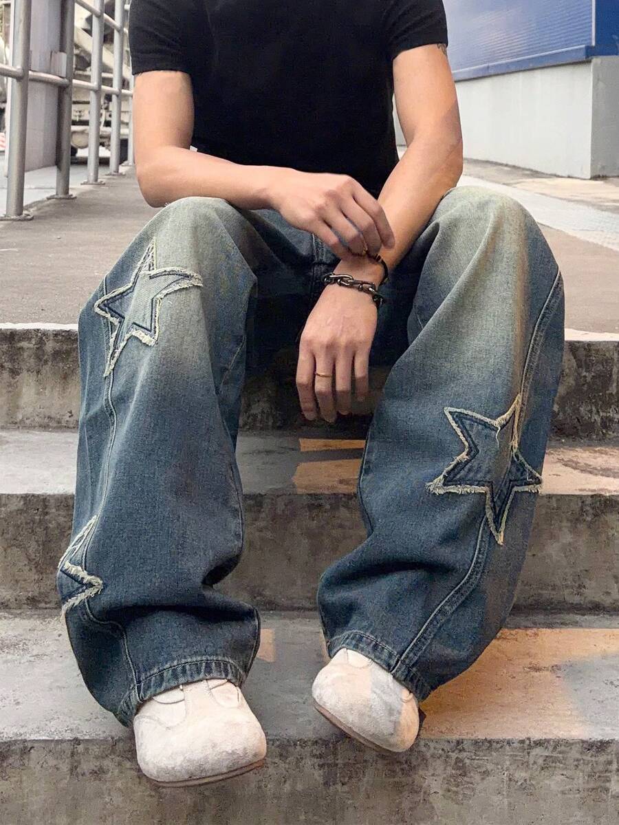 Men's Cross Embroidered Denim Jeans