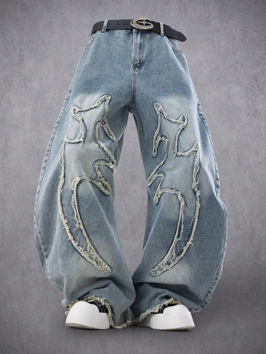 MEN Frayed Hem High Street Embroidered Washed Loose Barrel Leg Jeans