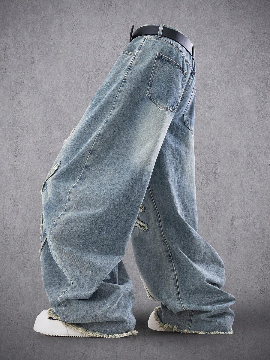 MEN Frayed Hem High Street Embroidered Washed Loose Barrel Leg Jeans
