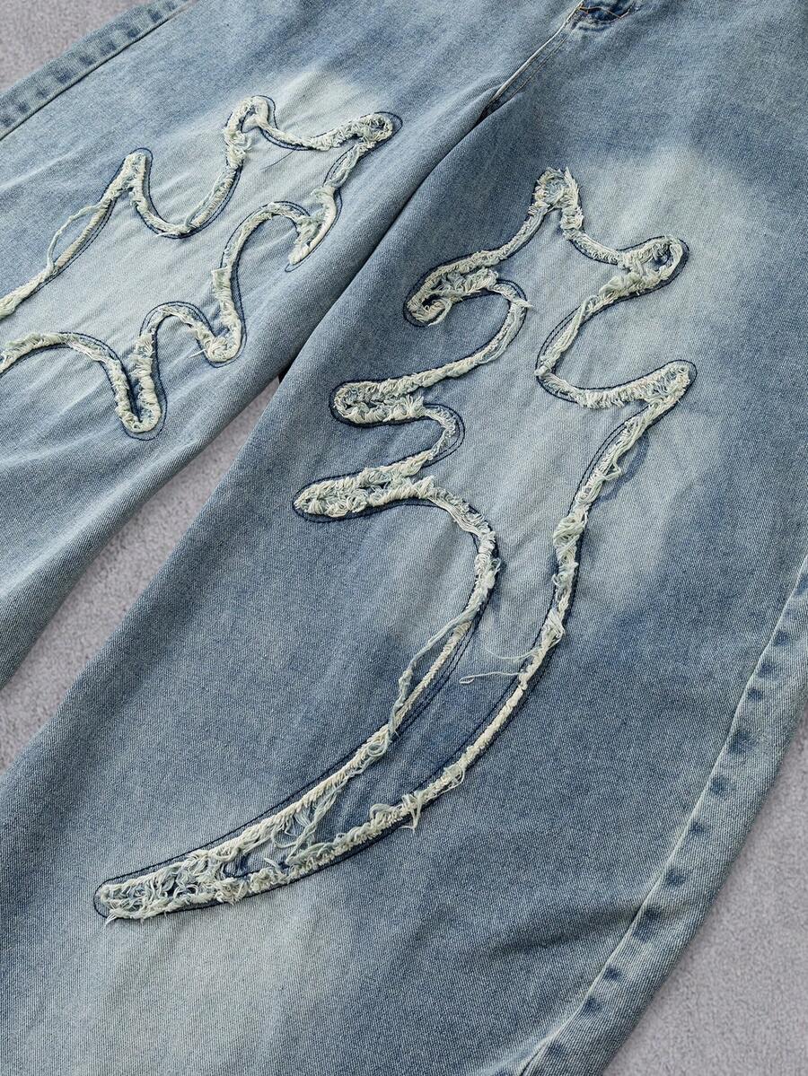 MEN Frayed Hem High Street Embroidered Washed Loose Barrel Leg Jeans