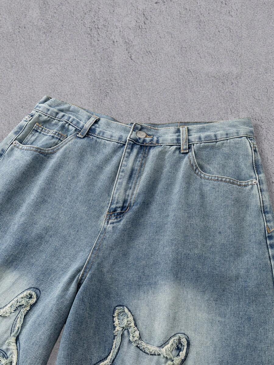 MEN Frayed Hem High Street Embroidered Washed Loose Barrel Leg Jeans