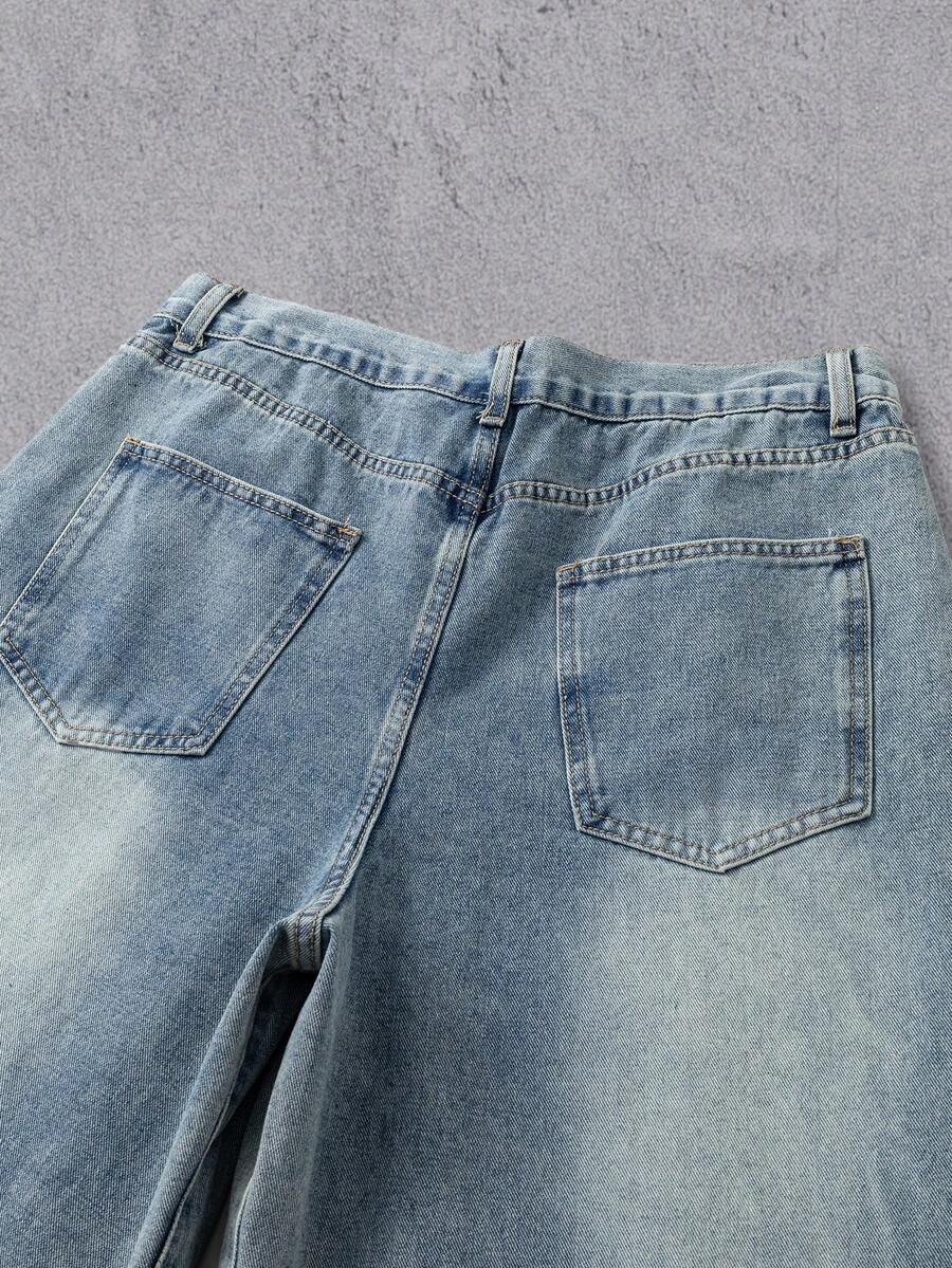 MEN Frayed Hem High Street Embroidered Washed Loose Barrel Leg Jeans