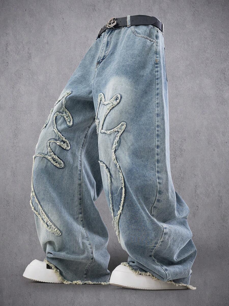 MEN Frayed Hem High Street Embroidered Washed Loose Barrel Leg Jeans