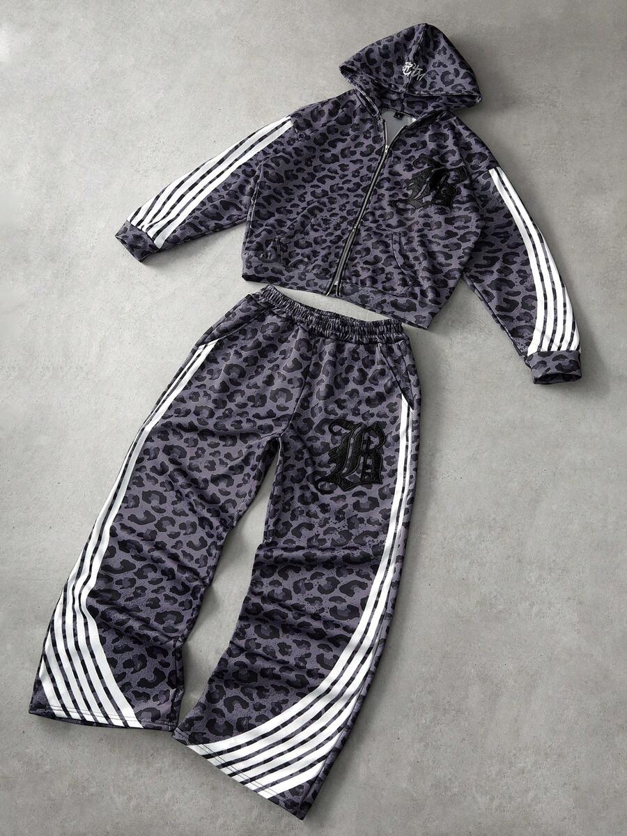 Leopard Print Stripe Embroidered Hoodie Set
