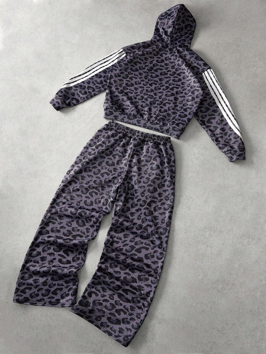 Leopard Print Stripe Embroidered Hoodie Set