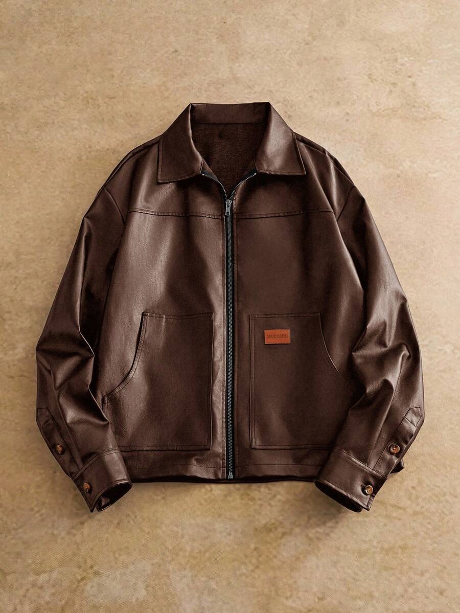 Men's Long Sleeve Casual Woven PU Leather Jacket