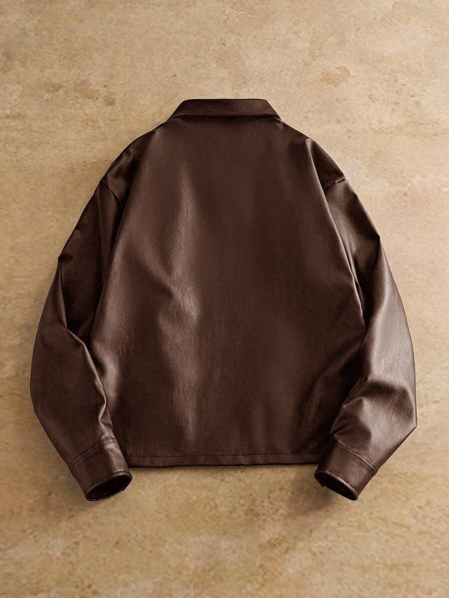 Men's Long Sleeve Casual Woven PU Leather Jacket