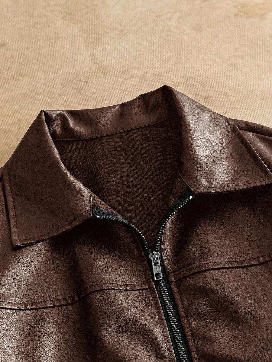 Men's Long Sleeve Casual Woven PU Leather Jacket