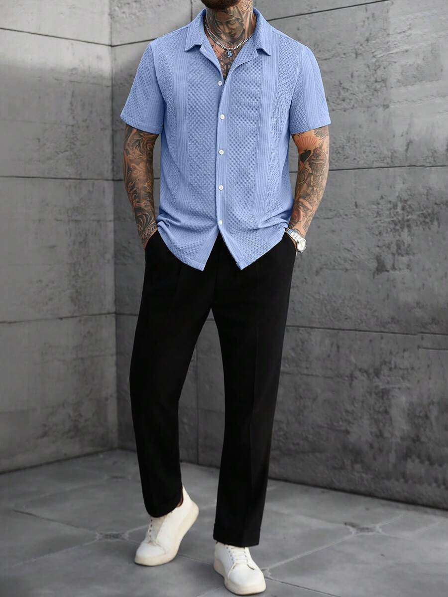 Men's Solid Color Jacquard Knit Short Sleeve Shirt