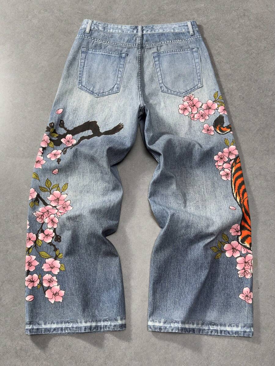 Floral Tiger Print Wide Leg Jeans