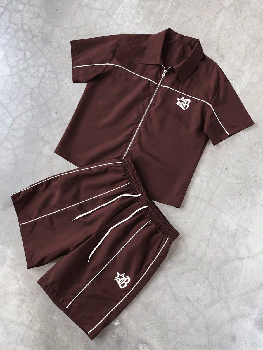 Men's 2pcs Zipper Short Sleeve Shirt And Drawstring Shorts Set