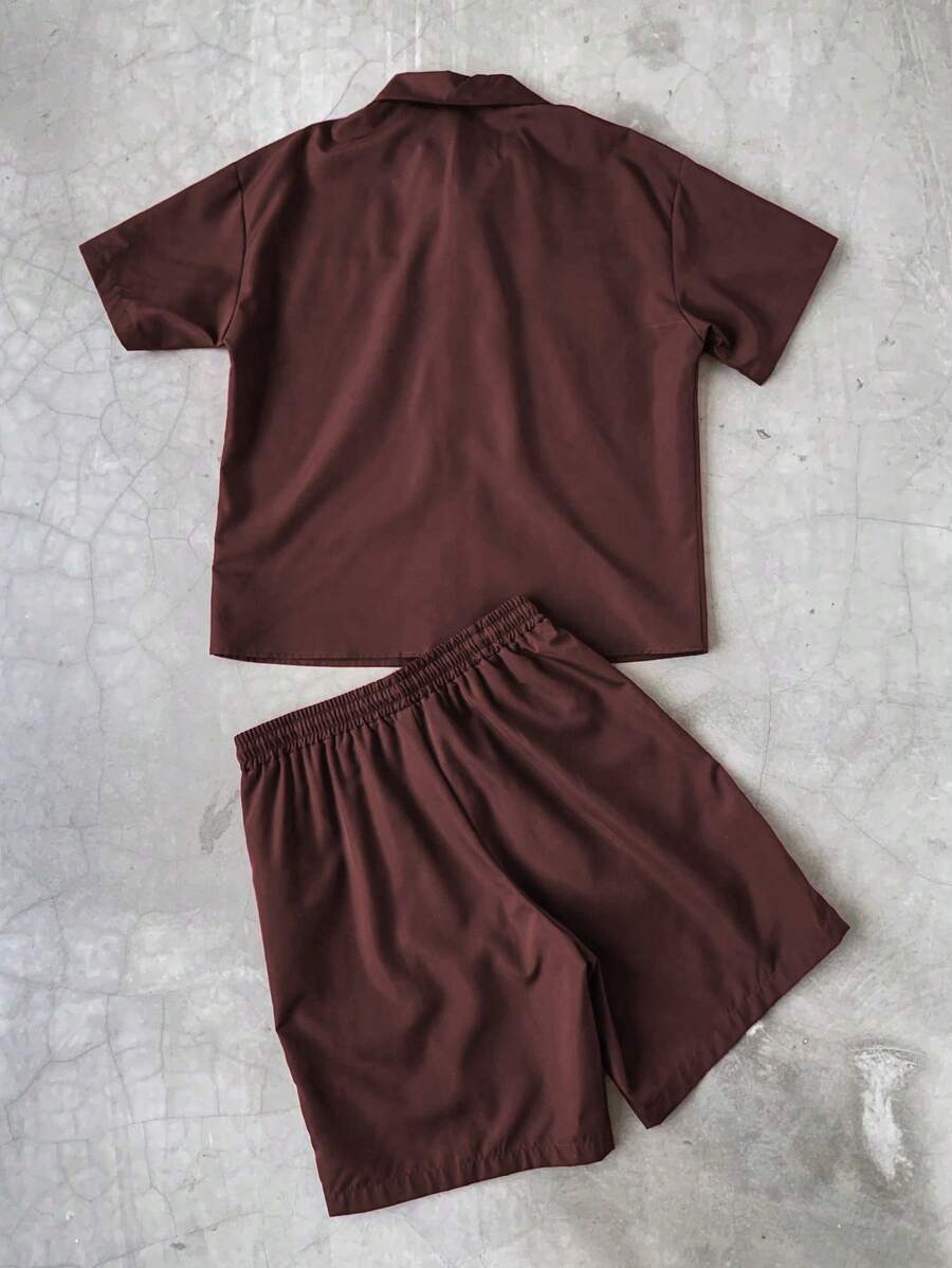 Men's 2pcs Zipper Short Sleeve Shirt And Drawstring Shorts Set