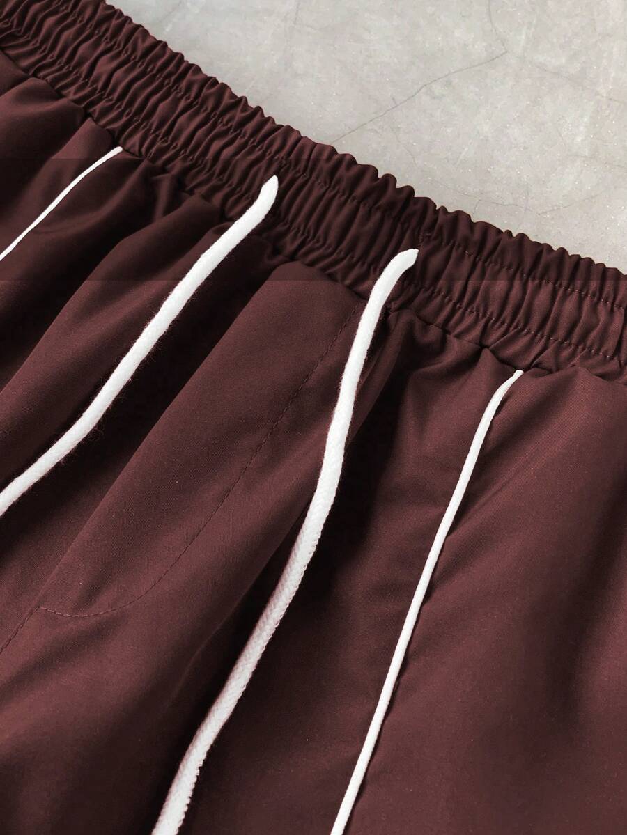 Men's 2pcs Zipper Short Sleeve Shirt And Drawstring Shorts Set