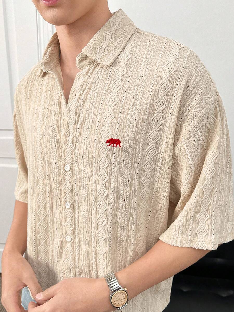 Men's Casual Fashionable Woven Short Sleeve Shirt With Embroidered Polar Bear Design, Suitable For Summer