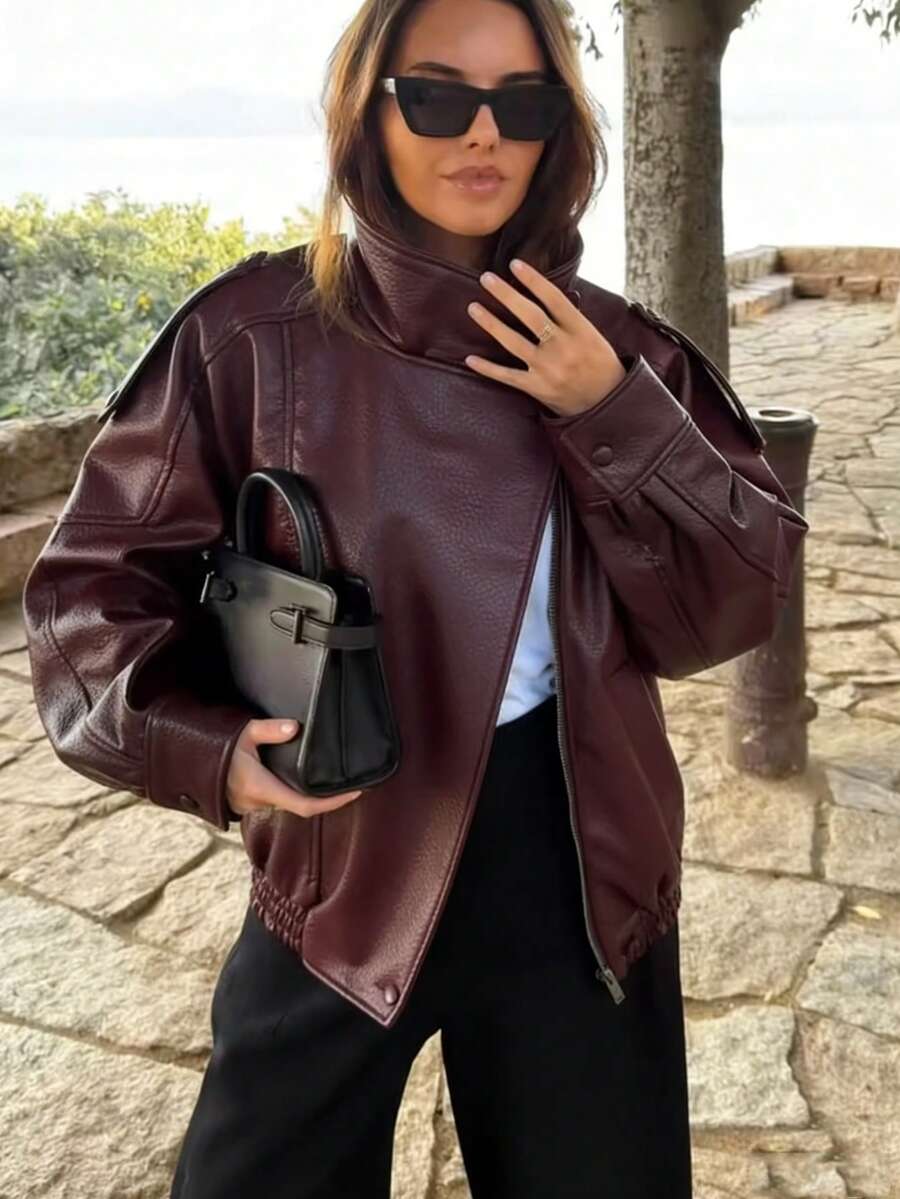 Women's Stand Collar PU Leather Jacket,