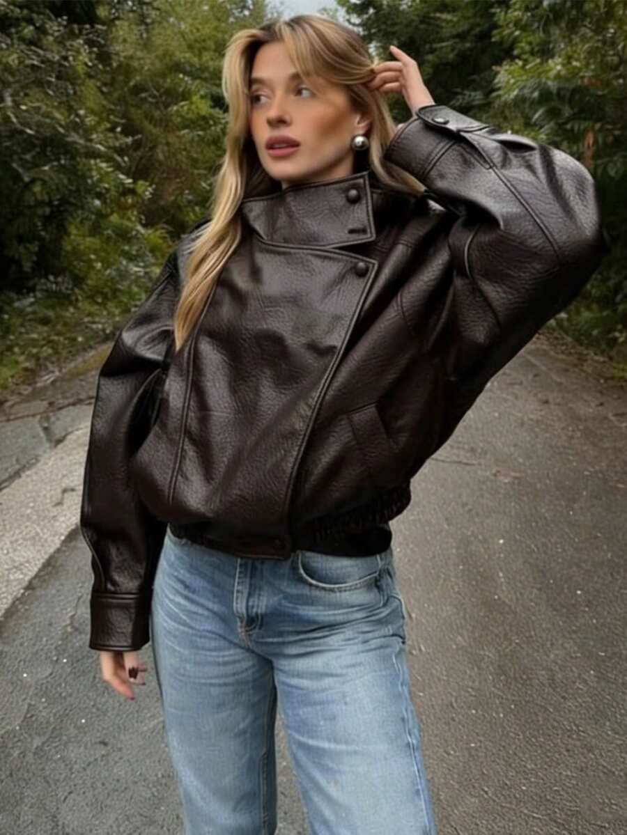 Women's Stand Collar PU Leather Jacket,