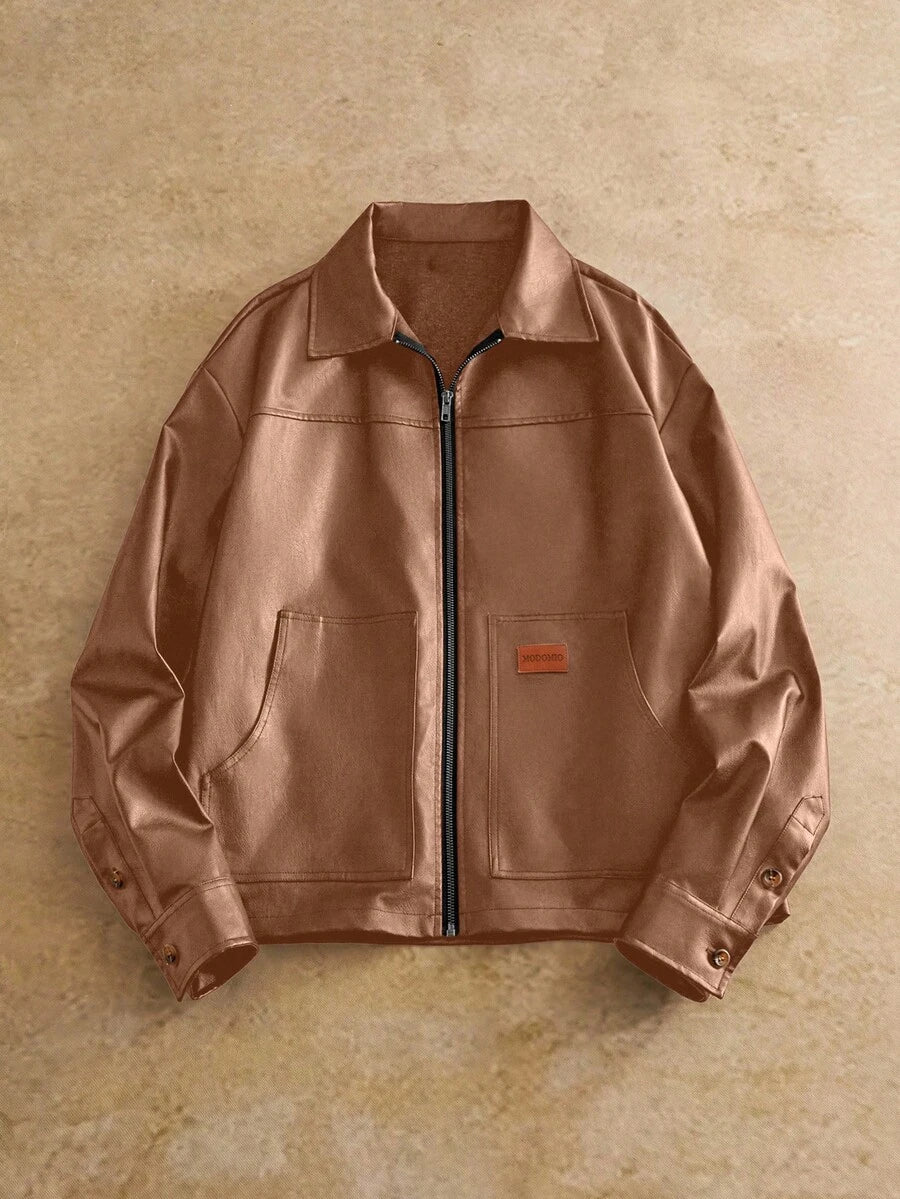 Men's Long Sleeve Casual Woven PU Leather Jacket