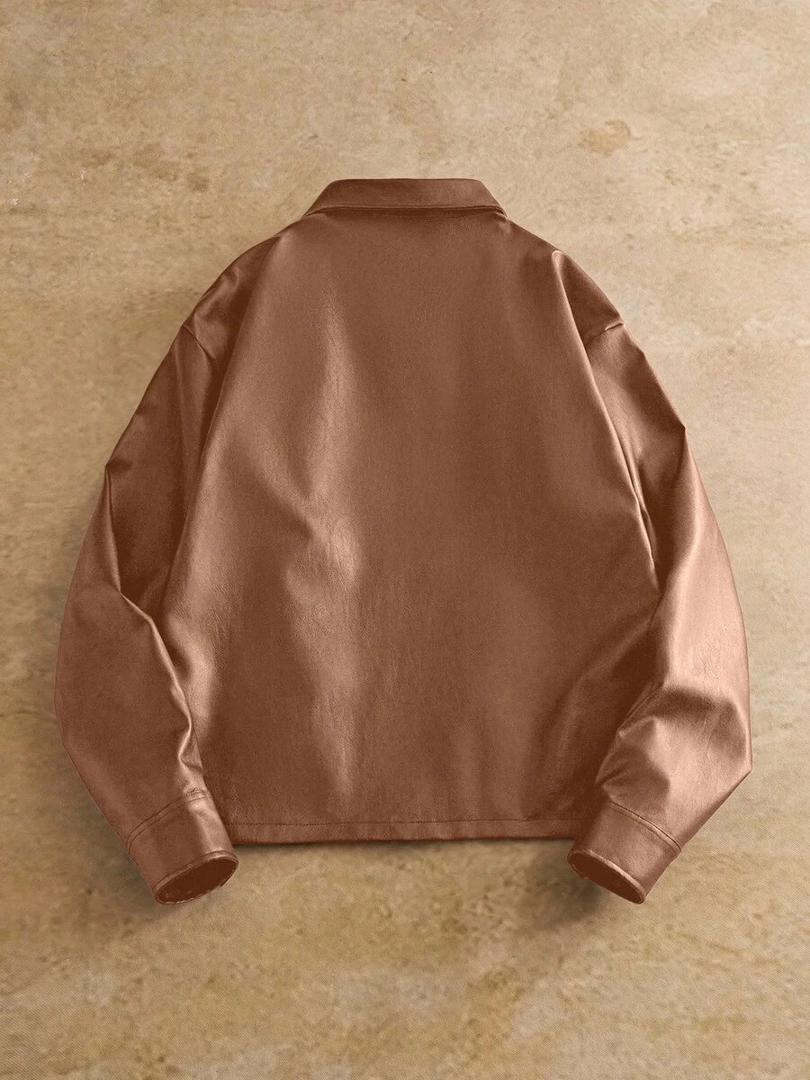Men's Long Sleeve Casual Woven PU Leather Jacket