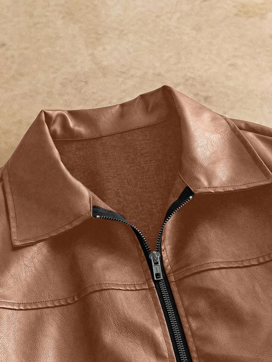 Men's Long Sleeve Casual Woven PU Leather Jacket
