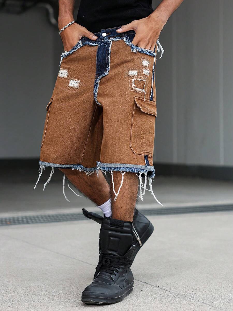 Men's Contrast Color Fringe Casual Denim Shorts