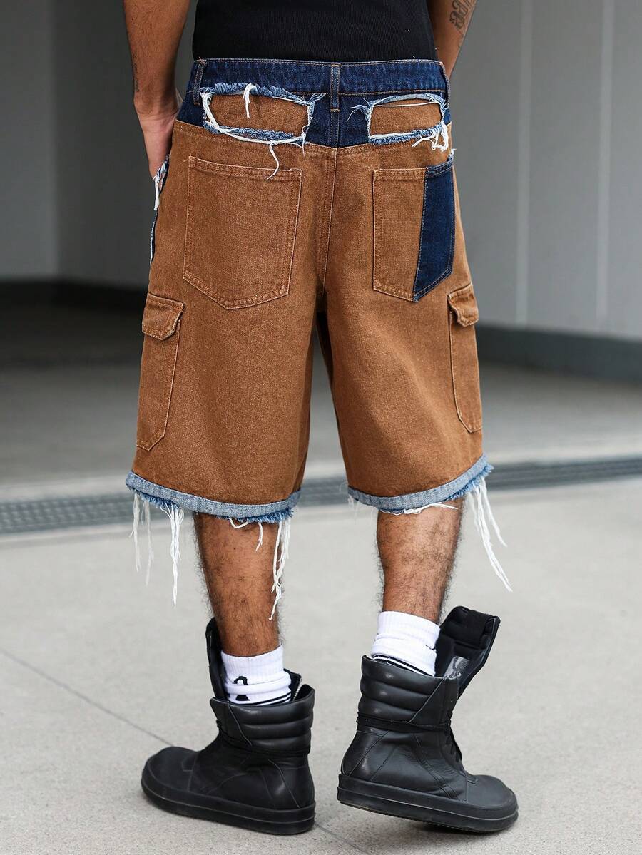 Men's Contrast Color Fringe Casual Denim Shorts