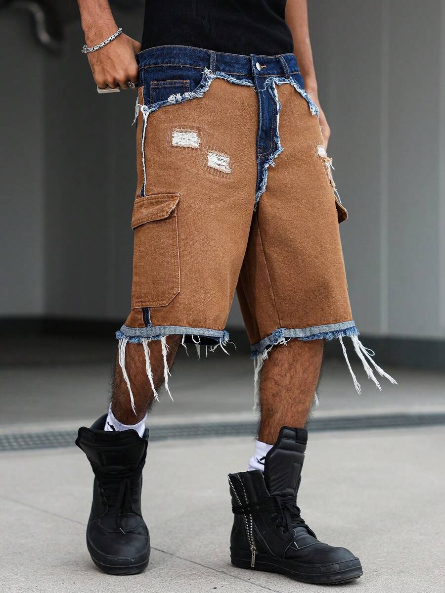 Men's Contrast Color Fringe Casual Denim Shorts