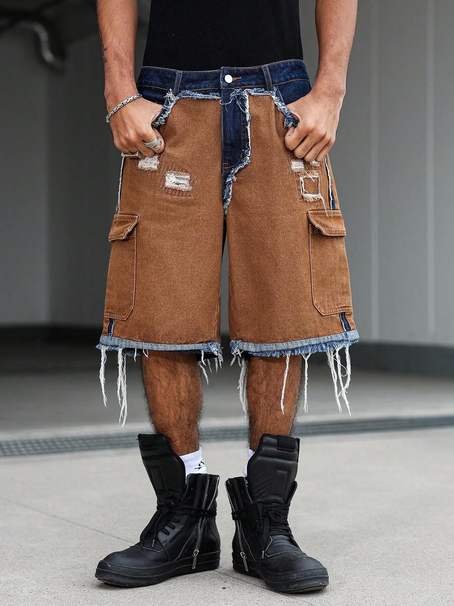 Men's Contrast Color Fringe Casual Denim Shorts