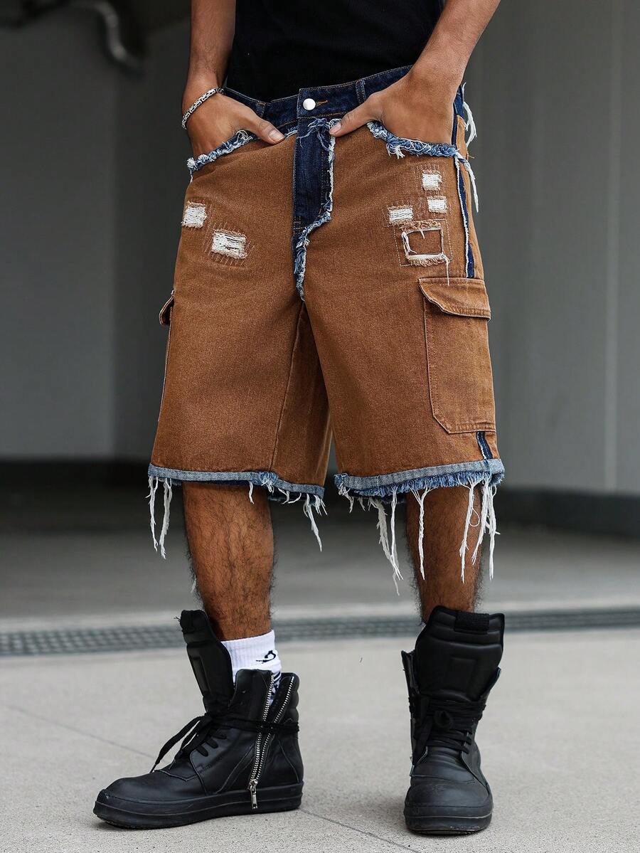 Men's Contrast Color Fringe Casual Denim Shorts