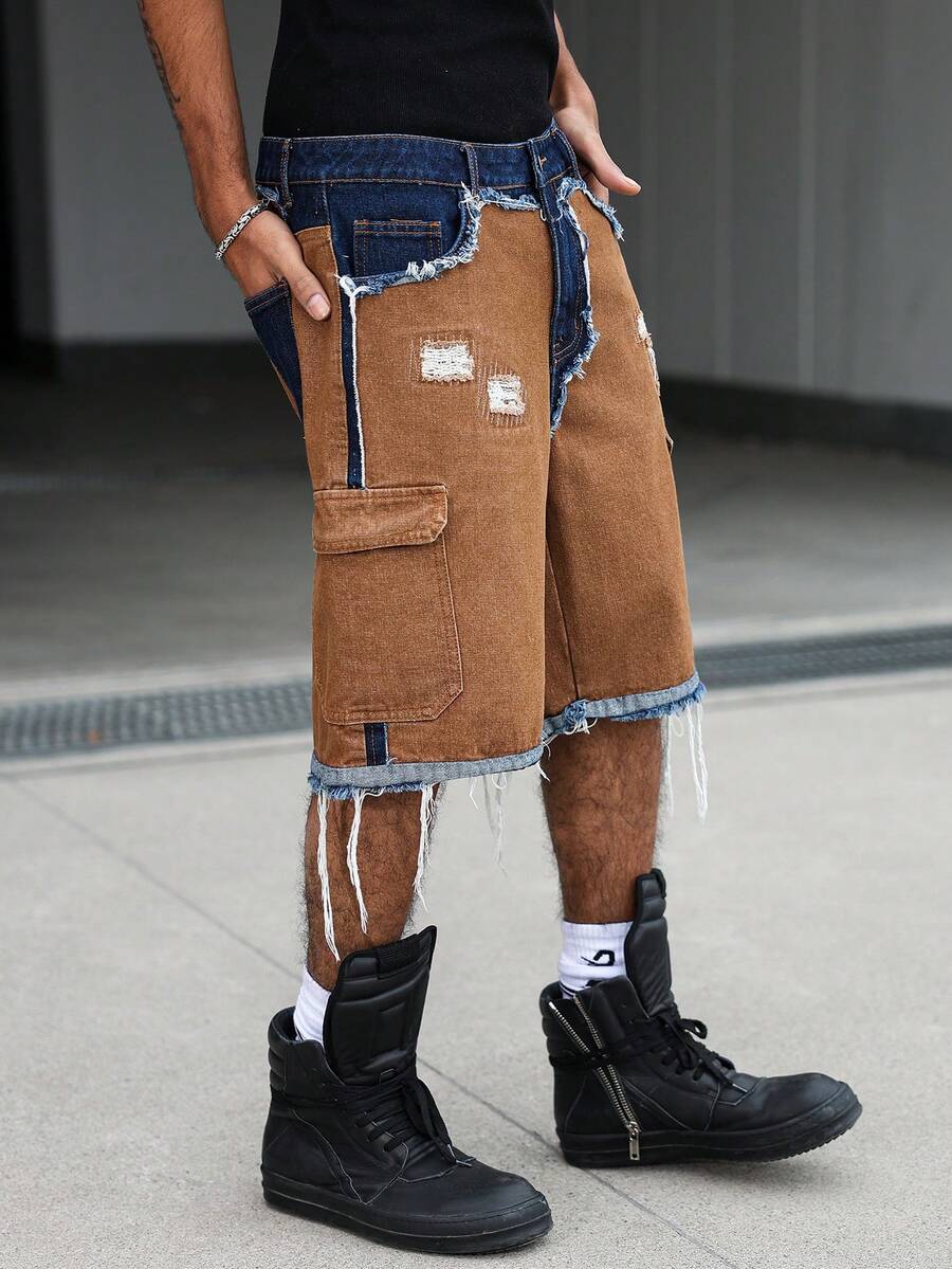 Men's Contrast Color Fringe Casual Denim Shorts