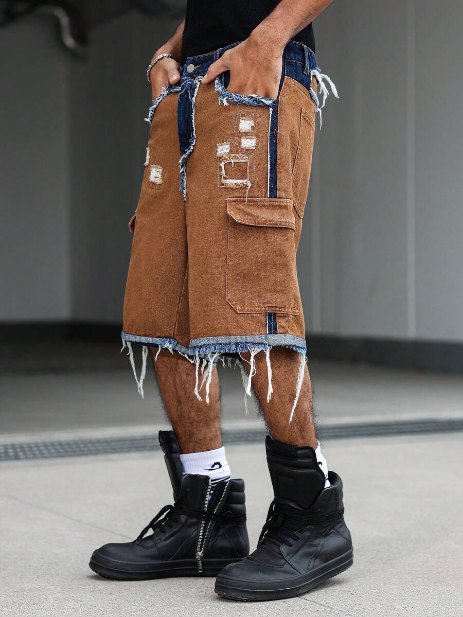 Men's Contrast Color Fringe Casual Denim Shorts