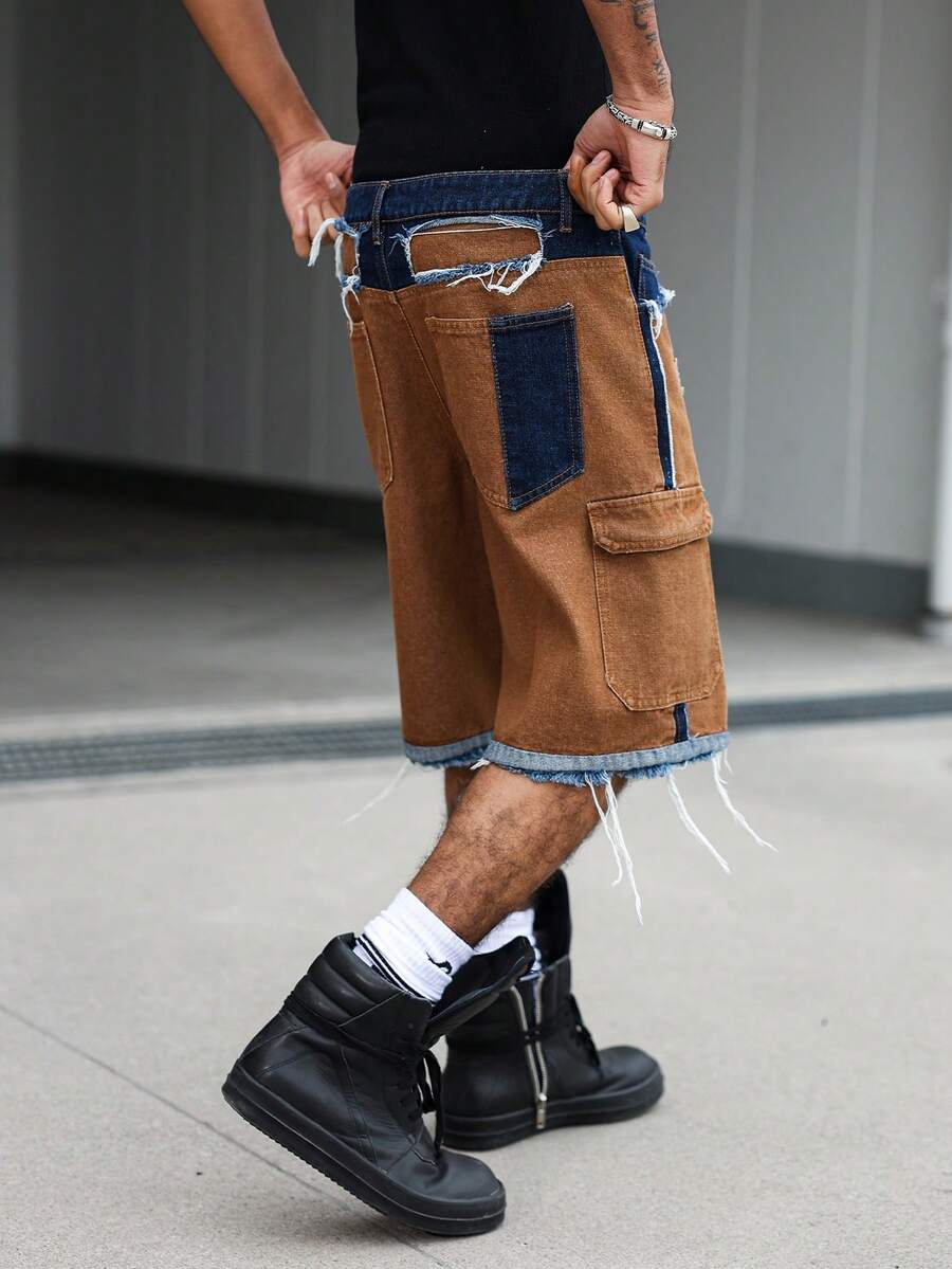 Men's Contrast Color Fringe Casual Denim Shorts