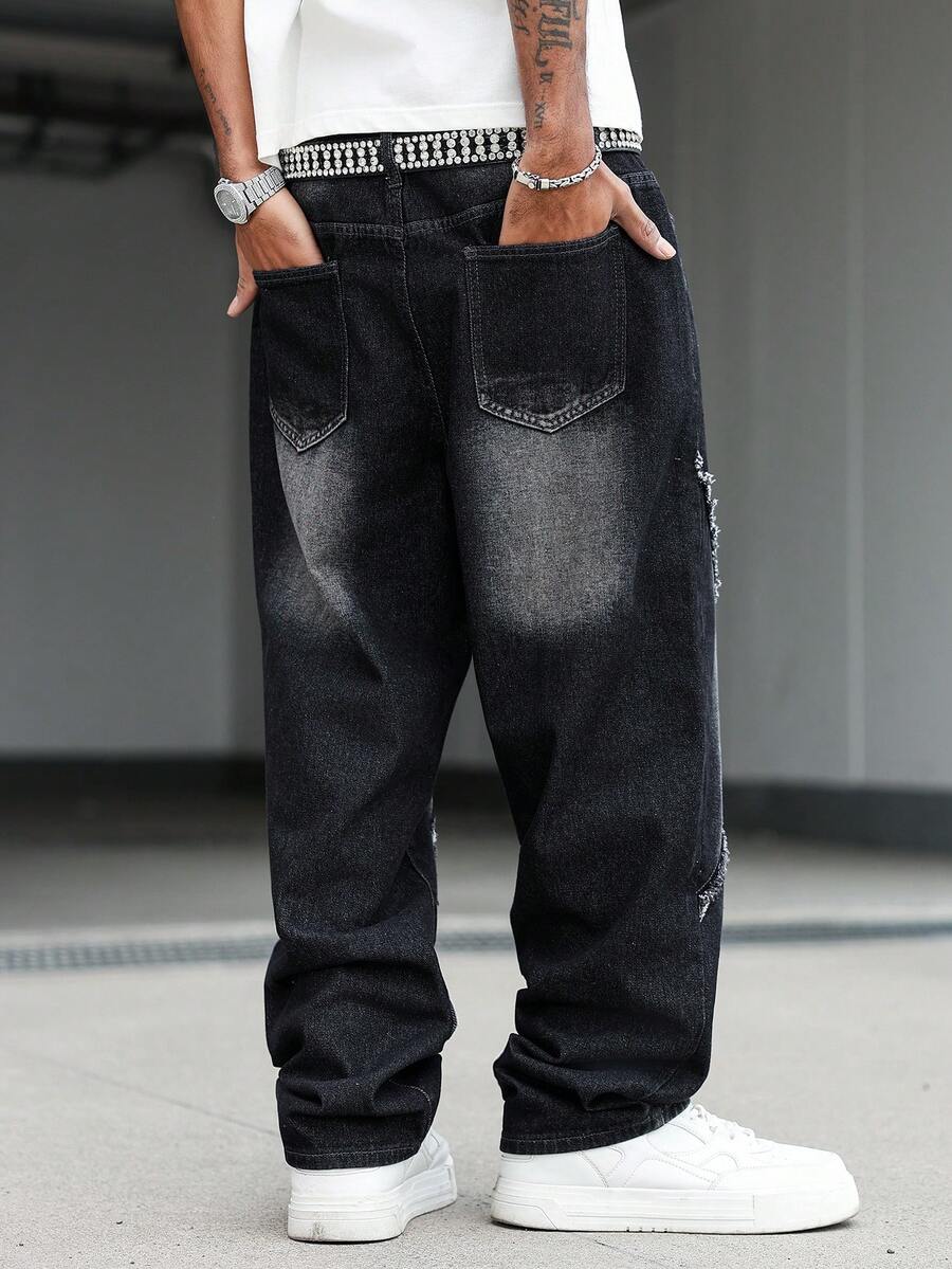 Unisex Casual Jeans With Letter & Graphic Print, American Style