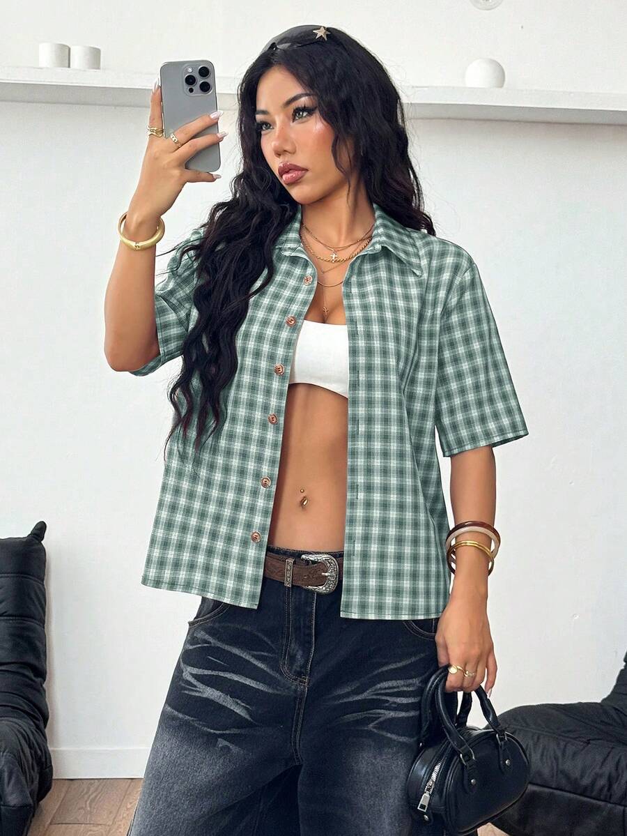 Women Crooped Zip Pocket Short Sleeve Shirt