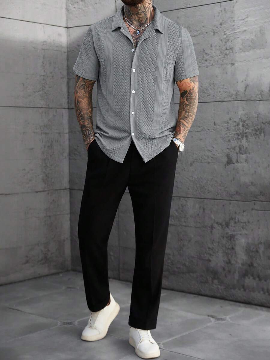 Men's Solid Color Jacquard Knit Short Sleeve Shirt