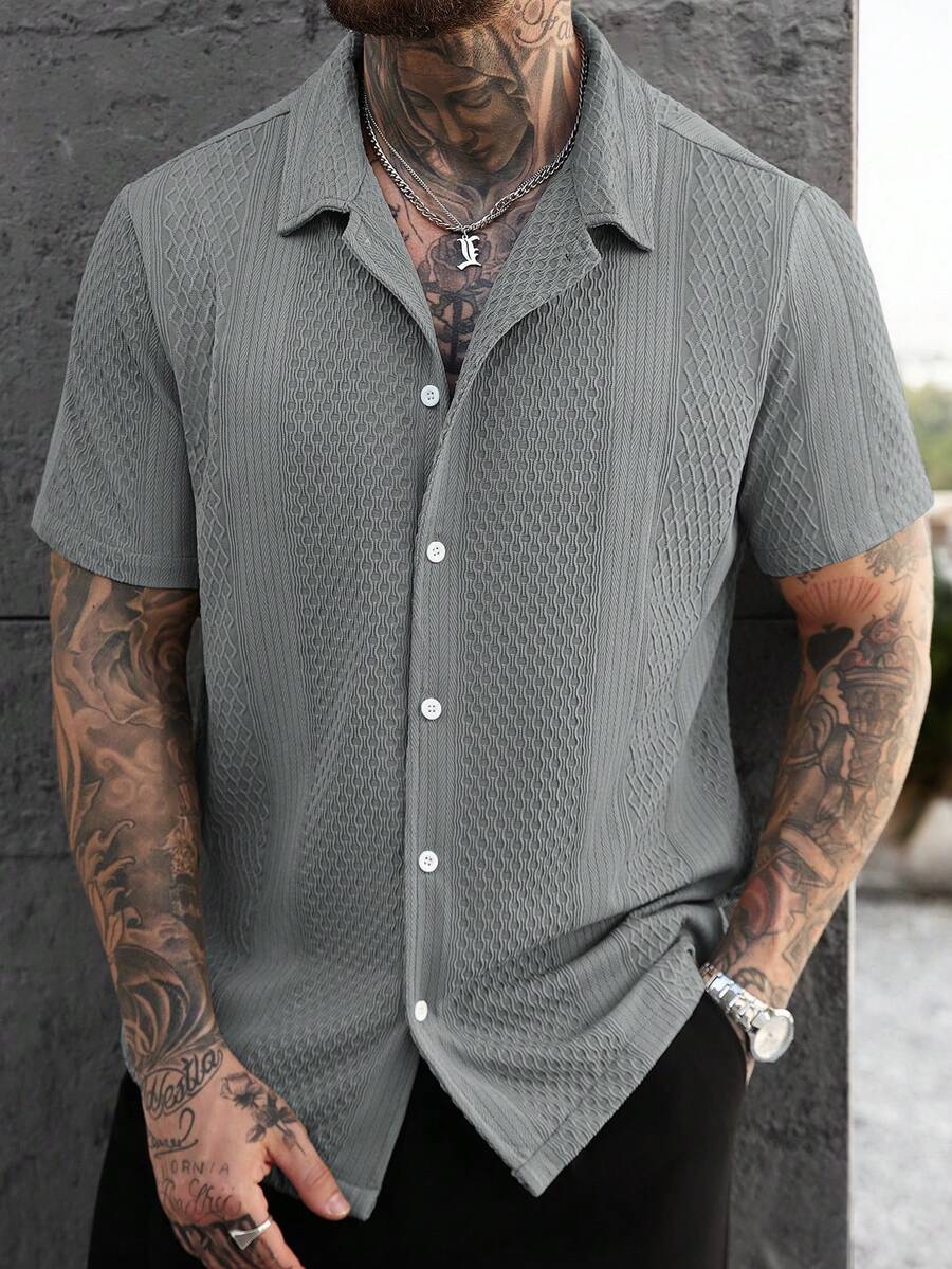Men's Solid Color Jacquard Knit Short Sleeve Shirt