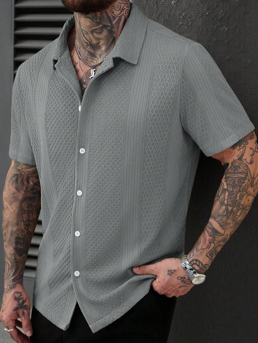 Men's Solid Color Jacquard Knit Short Sleeve Shirt