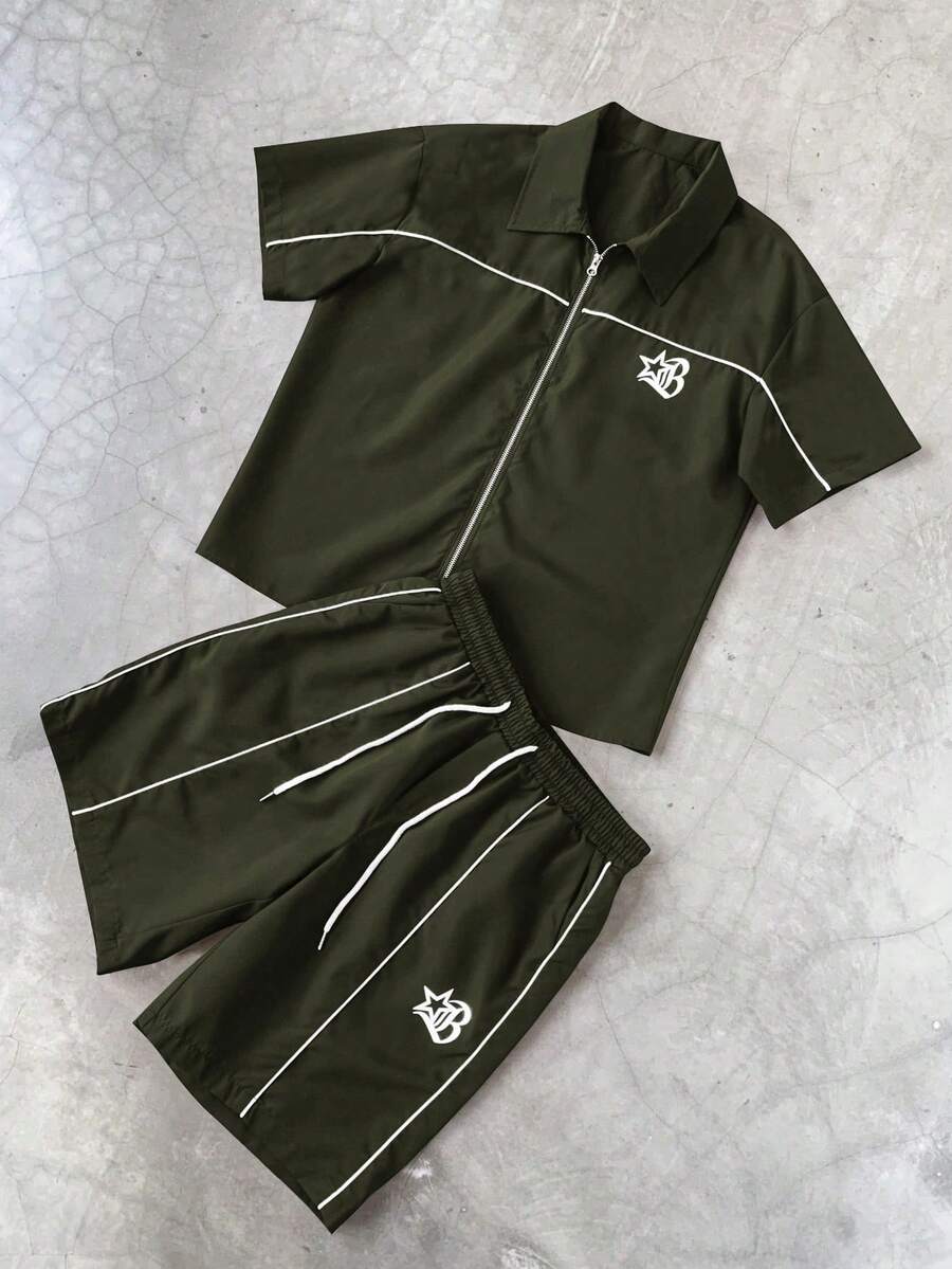 Men's 2pcs Zipper Short Sleeve Shirt And Drawstring Shorts Set