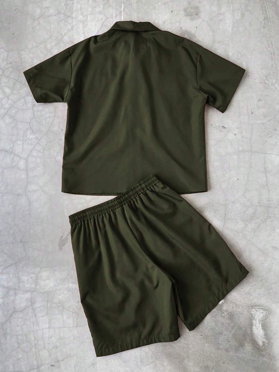 Men's 2pcs Zipper Short Sleeve Shirt And Drawstring Shorts Set
