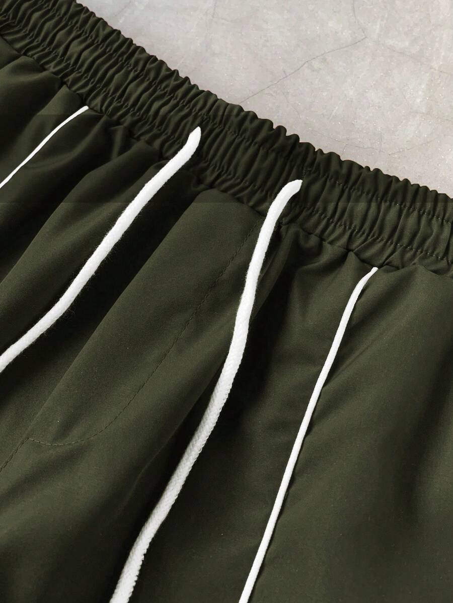 Men's 2pcs Zipper Short Sleeve Shirt And Drawstring Shorts Set