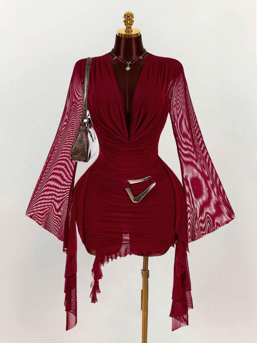 Ruffle Halter Neck Mesh Mini Dress