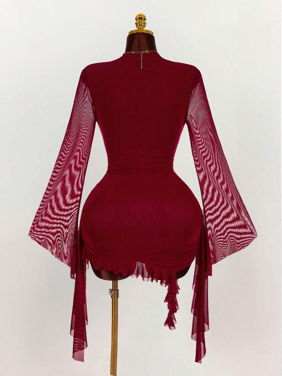Ruffle Halter Neck Mesh Mini Dress