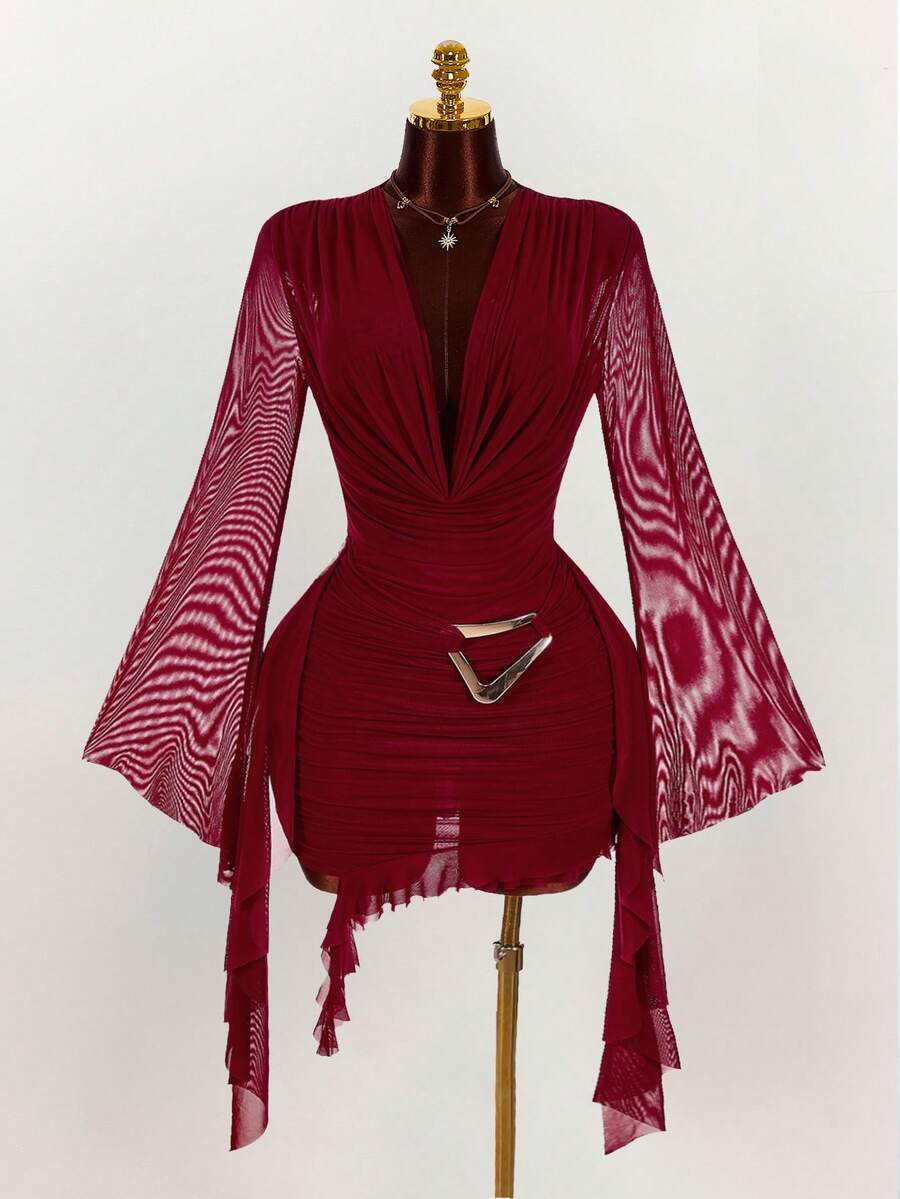 Ruffle Halter Neck Mesh Mini Dress