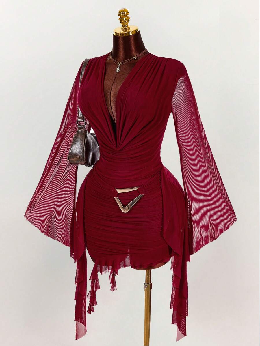 Ruffle Halter Neck Mesh Mini Dress
