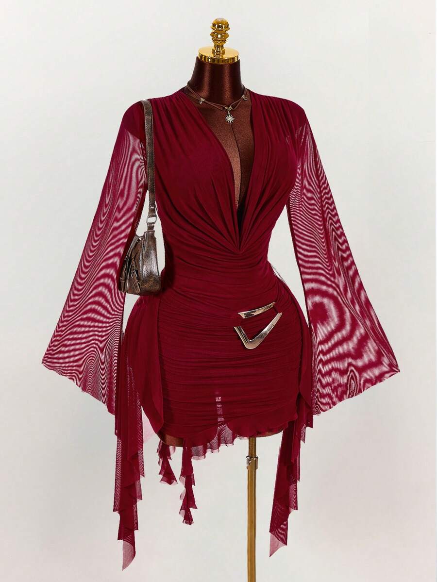 Ruffle Halter Neck Mesh Mini Dress