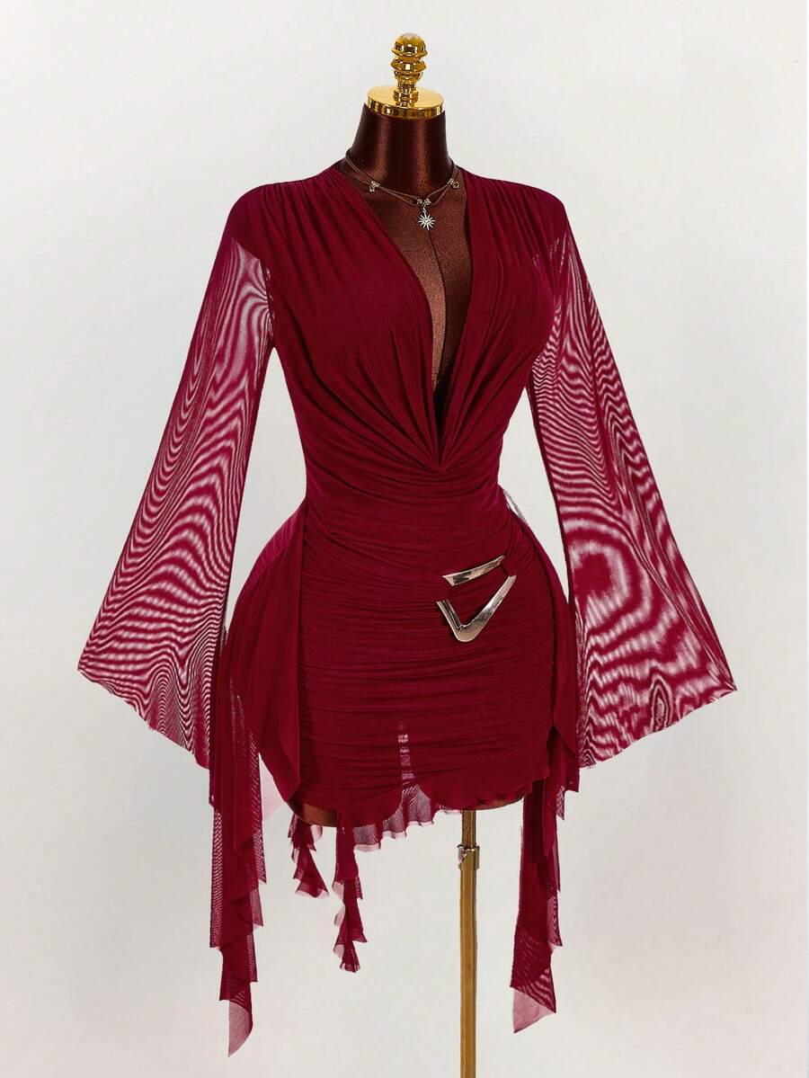 Ruffle Halter Neck Mesh Mini Dress