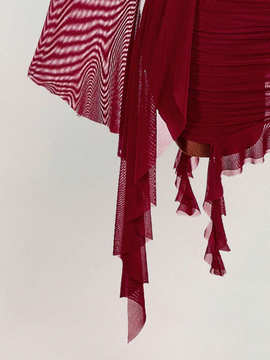Ruffle Halter Neck Mesh Mini Dress