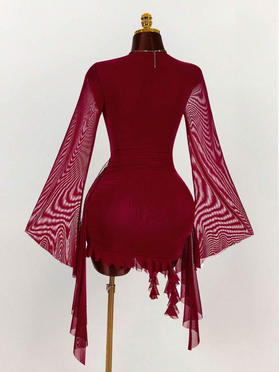Ruffle Halter Neck Mesh Mini Dress
