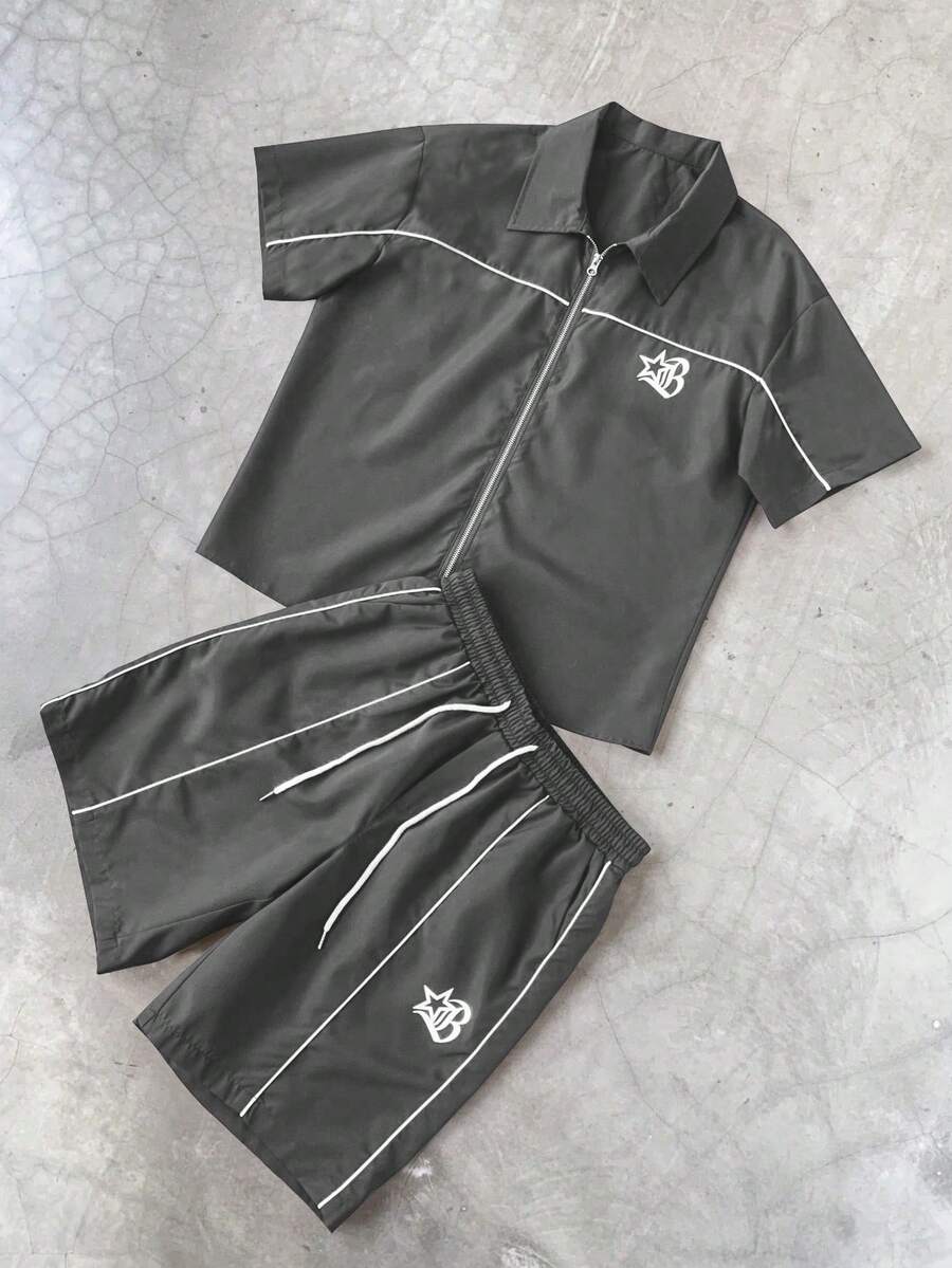 Men's 2pcs Zipper Short Sleeve Shirt And Drawstring Shorts Set