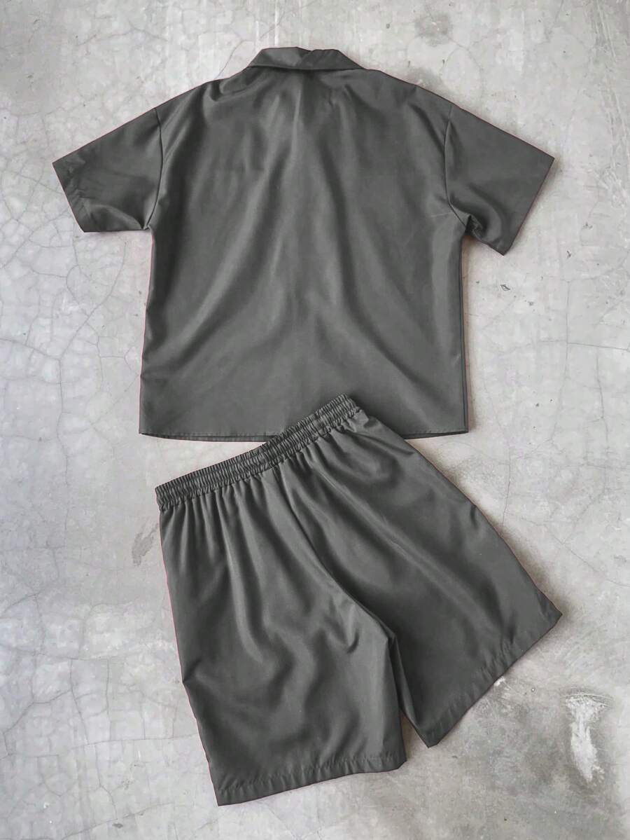 Men's 2pcs Zipper Short Sleeve Shirt And Drawstring Shorts Set