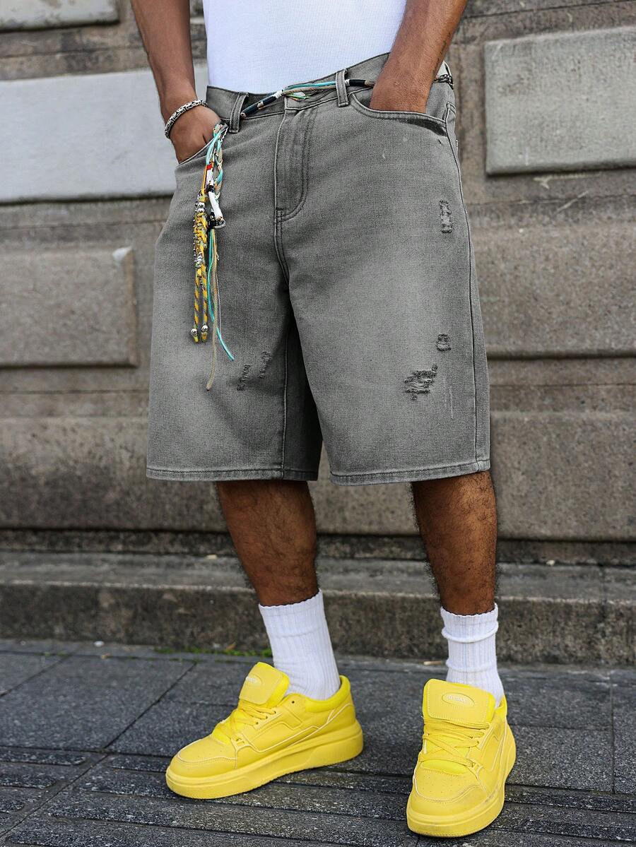 Men's Faded Light Blue Washed Loose Fit Vintage Casual Denim Jorts